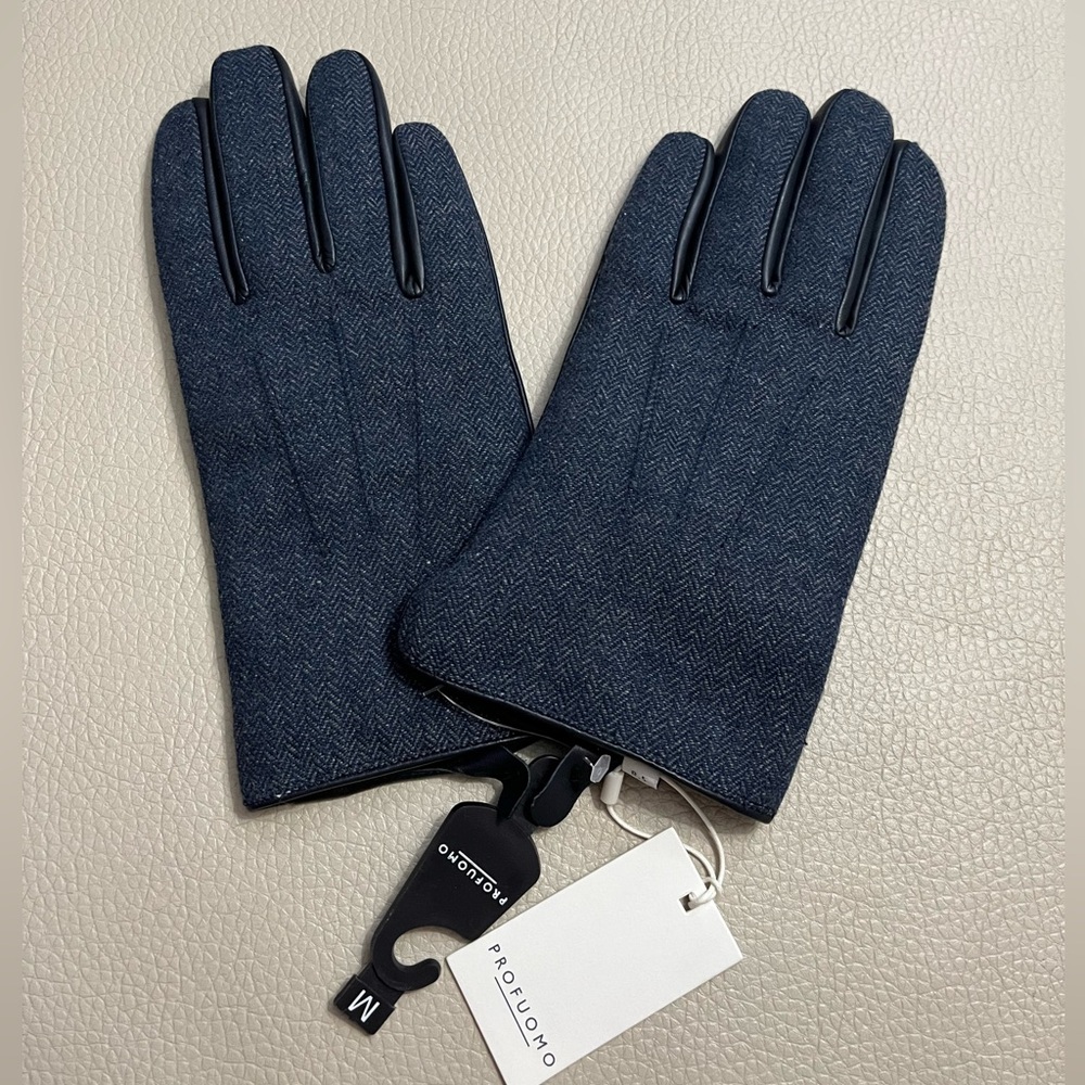 NWT - Profuomo Men's Blue Knitted and Leather Gloves - Size M/8.5